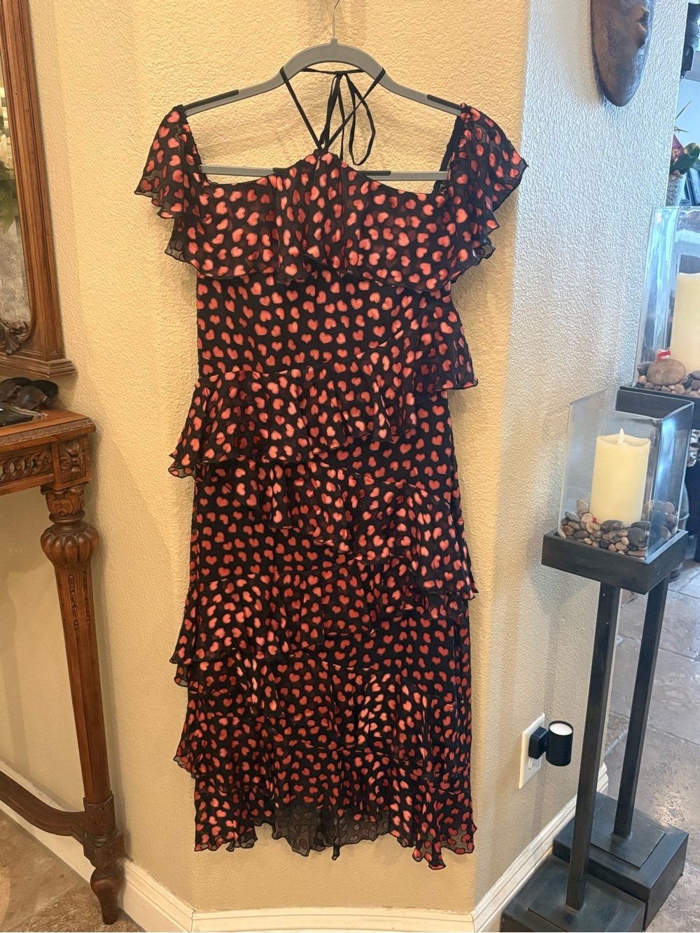 ALICE + OLIVIA Off-The-Shoulder Annabeth Silk Heart Ruffle Midi Dress Size 10